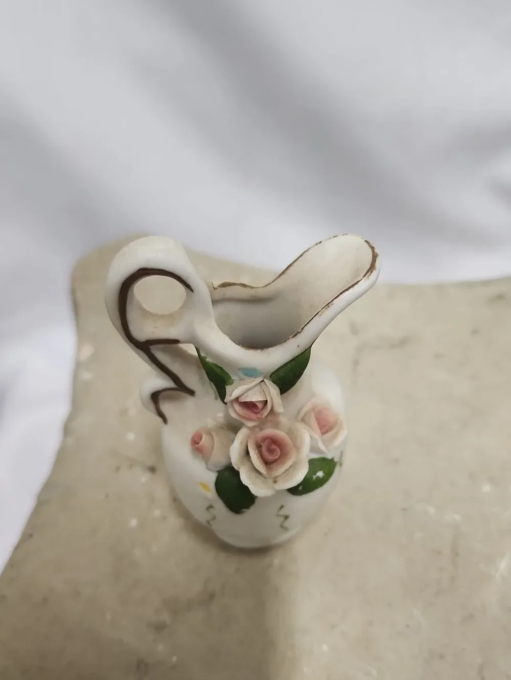 Vintage Floral Porcelain Handle Pitcher Vase